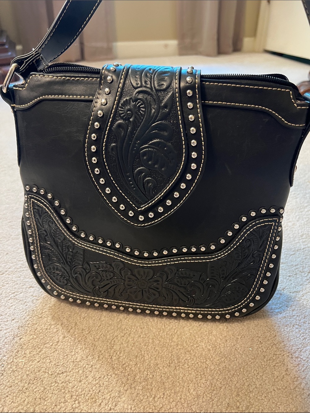 Montana West Black Embossed Studded Leather Crossbody Bag - Conceal Carry